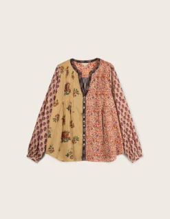 East Loran Patch Print Crinkle Cotton Top Multi
