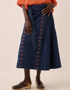 East Marion Denim Wrap Embroidered Skirt Blue