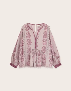 East Reiko Hand-Woodblock Botanical Print Top Purple