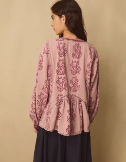 East Reiko Hand-Woodblock Botanical Print Top Purple