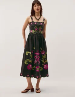 Eleni Floral Embroidered Midi Dress Black
