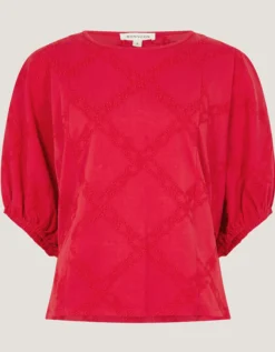 Ellie Puff Sleeve Embroidered Jersey Top Red
