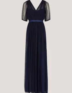 Ellie Sheer Sleeve Plunge Tulle Maxi Dress Blue