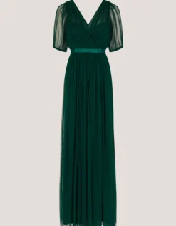 Ellie Sheer Sleeve Plunge Tulle Maxi Dress Green