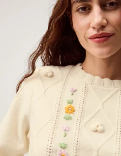Elsie Floral Embroidered Cable Knit Jumper Ivory