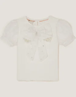 Embellished Puff Sleeve Bow T-Shirt Ivory
