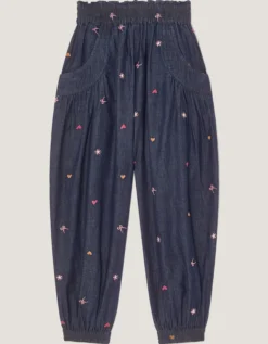 Embroidered Chambray Cuffed Trousers Blue