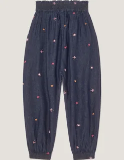 Embroidered Chambray Cuffed Trousers Blue