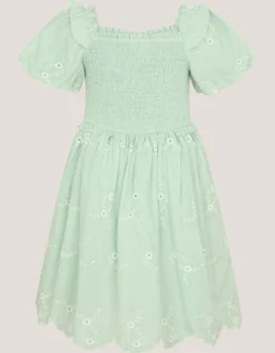 Embroidered Puff Sleeve Smocked Dress Green