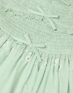 Embroidered Puff Sleeve Smocked Dress Green
