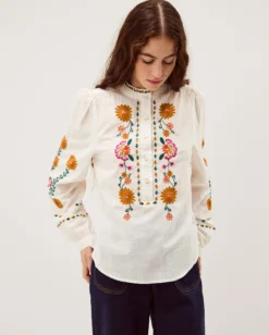 Emmy Embroidered Long Sleeve Top White