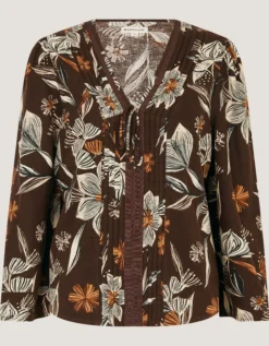 Esther Floral Linen Blend Top Brown
