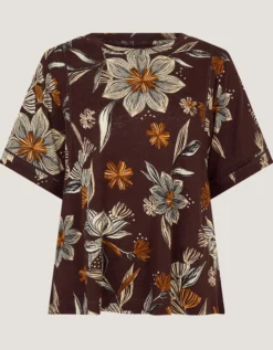Esther Floral Linen Blend T-Shirt Brown