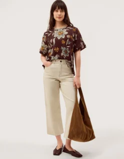 Esther Floral Linen Blend T-Shirt Brown