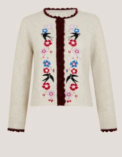 Etta Floral Embroidered Scallop Cardigan Ivory