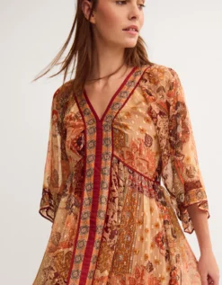 Evelina Shimmer Floral Print Midi Dress Brown