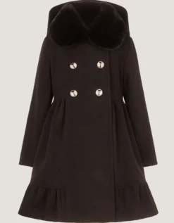 Faux Fur Collar Double-Breasted Coat Black