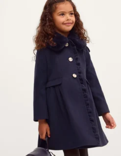 Faux Fur Collar Frill Coat Blue