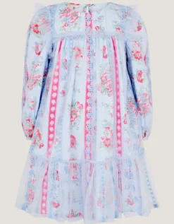 Floral Broderie Long Sleeve Dress & Hair Scrunchie Blue