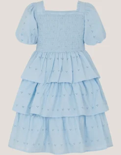 Floral Broderie Puff Sleeve Tiered Dress Blue