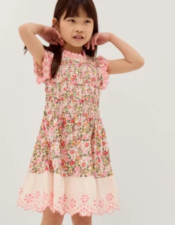 Floral Broderie Smocked Jersey Dress Multi