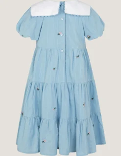 Floral Embroidered Collar Dobby Dress Blue