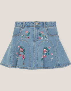 Floral Embroidered Denim Mini Skirt Blue