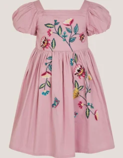 Floral Embroidered Puff Sleeve Dress Purple