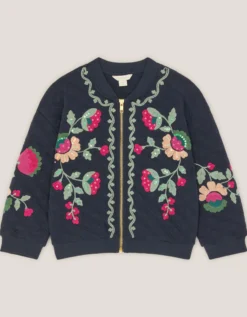 Floral Embroidered Quilted Bomber Jacket Blue