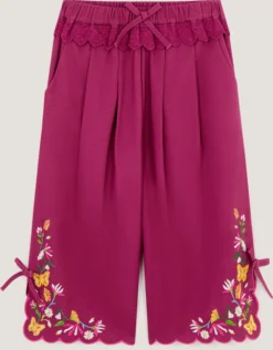 Floral Embroidered Scallop Trim Trousers Pink