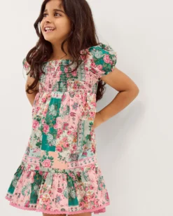 Floral Patchwork Shirred Dress Green