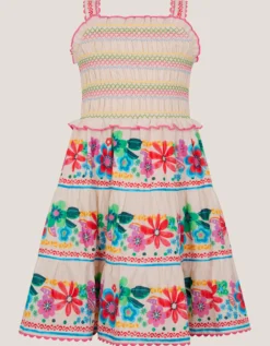 Floral Print Shirred Dress White