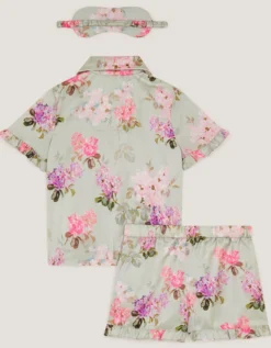 Floral Satin Short Pyjamas & Eye Mask Set Green