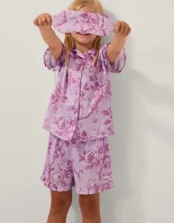 Floral Satin Short Pyjamas & Sleep Mask Set Purple