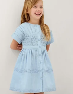Flower Button Smocked Dress Blue
