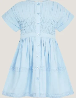 Flower Button Smocked Dress Blue
