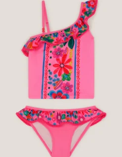 Flower Print Ruffle Tankini Set Pink