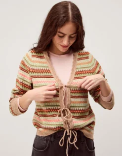 Fran Front Tie Fair Isle Cardigan Natural