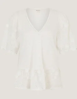 Freya V-Neck Floral Broderie Top Ivory