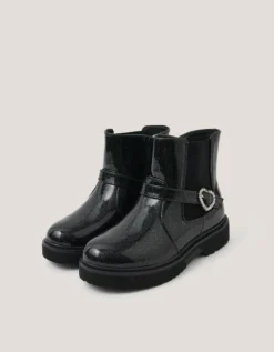 Heart Buckle Glitter Patent Boots Black