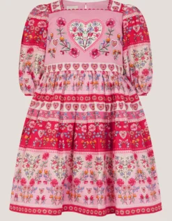 Heart Embroidered Floral Print Dress Pink