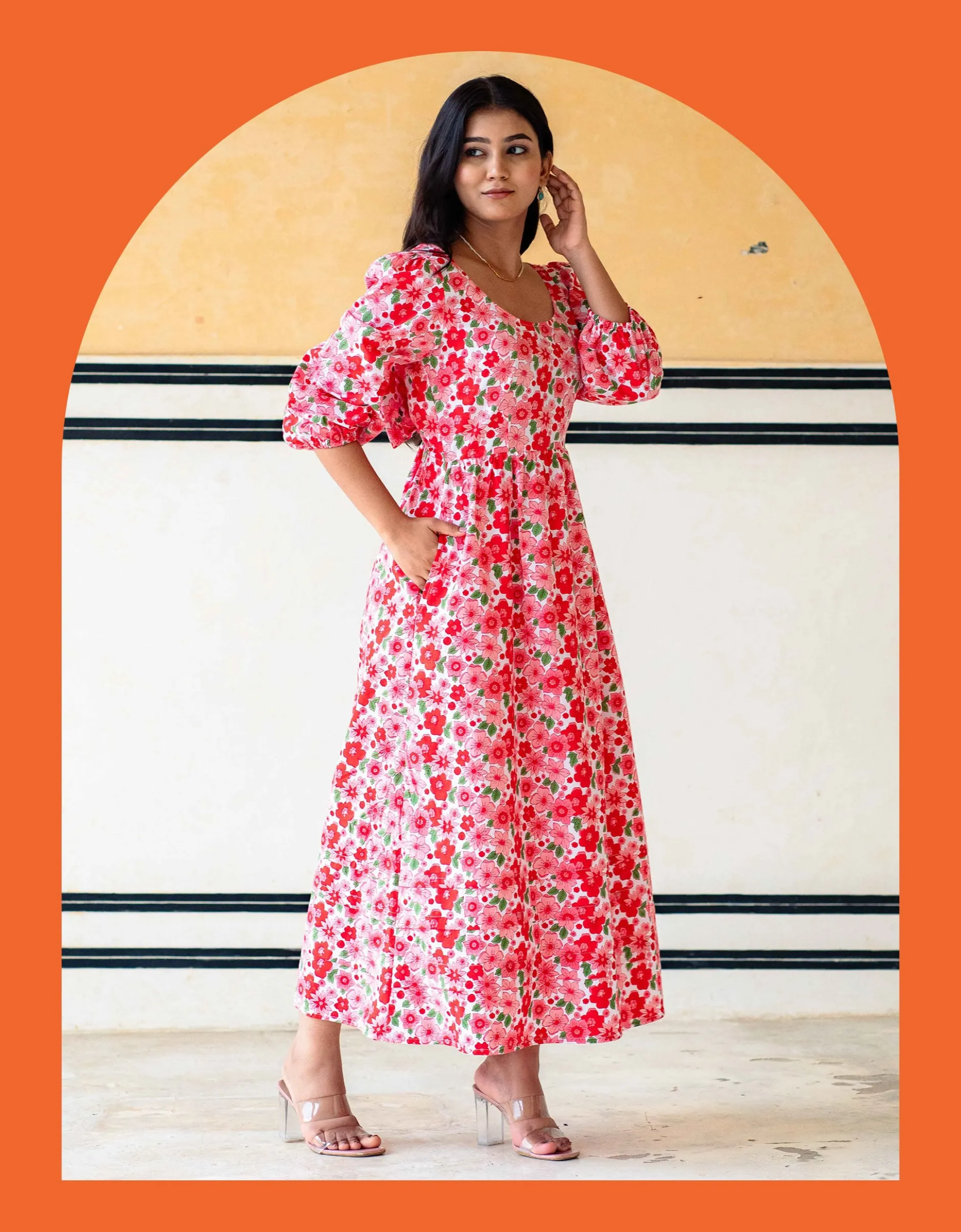 India & Mills Lottie Poppy Print Midi Dress Pink