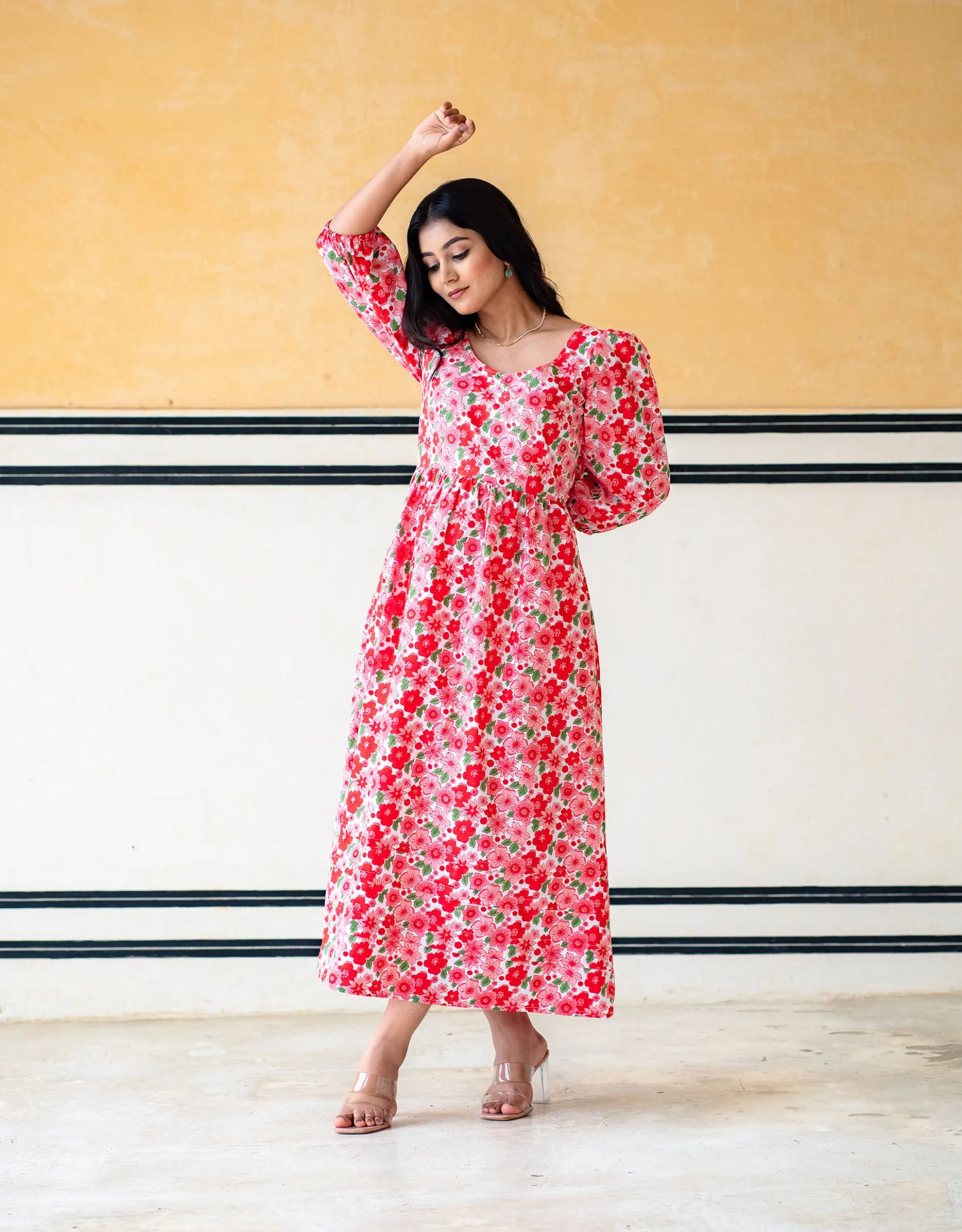 India & Mills Lottie Poppy Print Midi Dress Pink