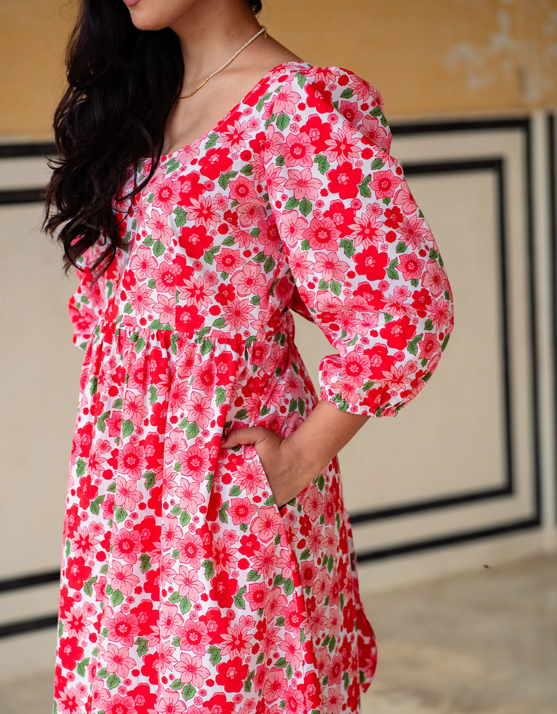 India & Mills Lottie Poppy Print Midi Dress Pink