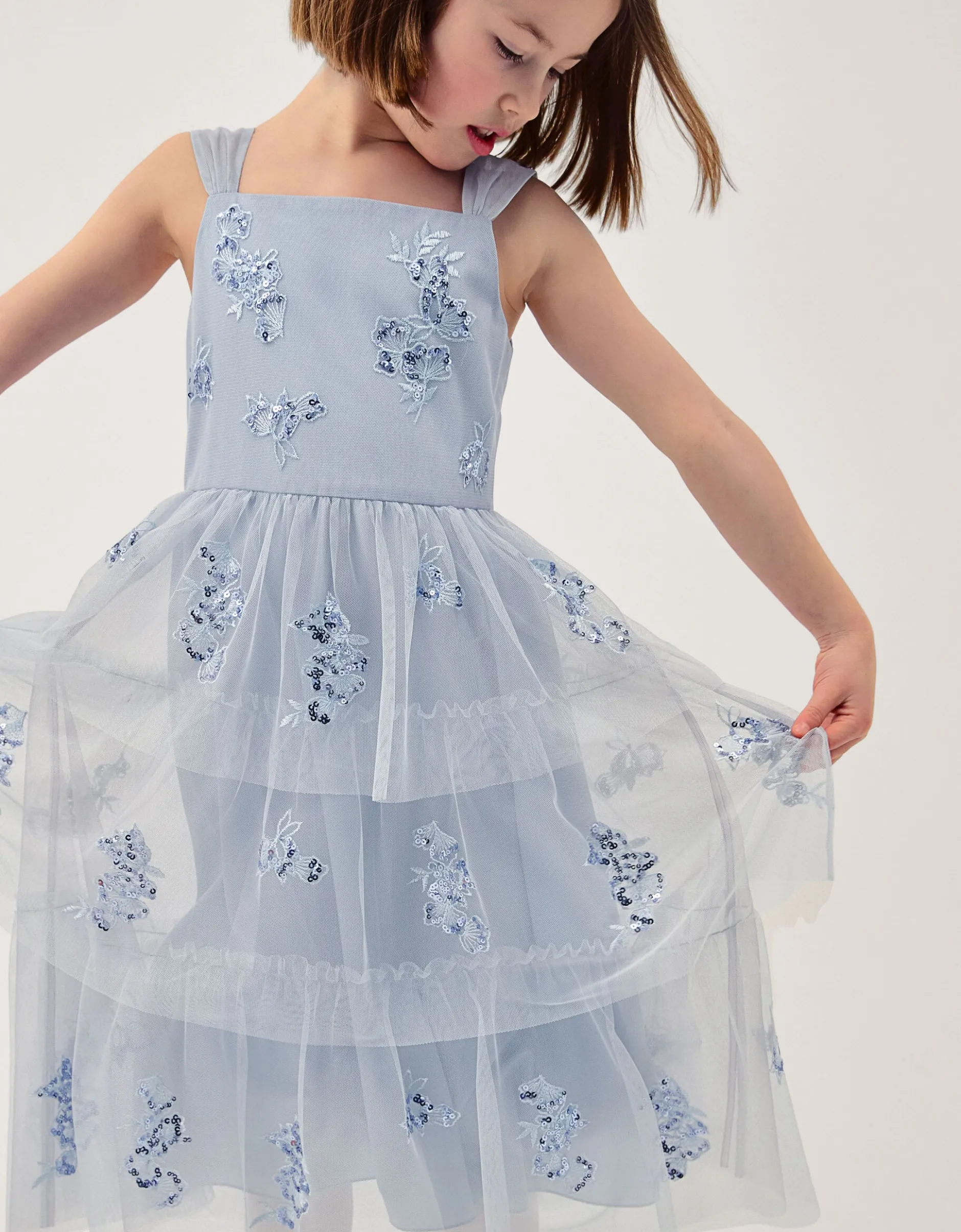 Ingrid Floral Sequin Tiered Party Dress Blue