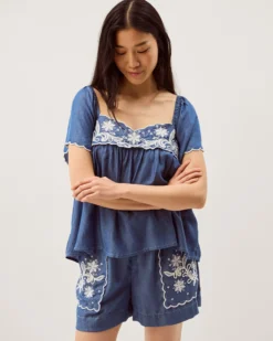Isla Short Sleeve Embroidered Denim Top Blue