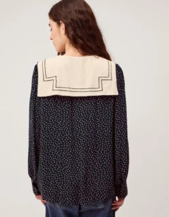 Ivy Embroidered Collar Polka Dot Blouse Blue