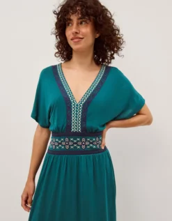 Jacqui Embroidered Jersey Midi Dress Teal