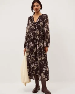 Jada Floral Print Ruffle Midi Dress Brown
