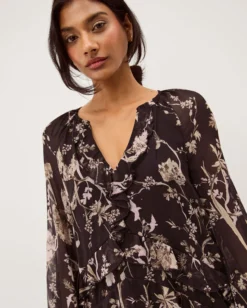 Jada Floral Print Ruffle Midi Dress Brown